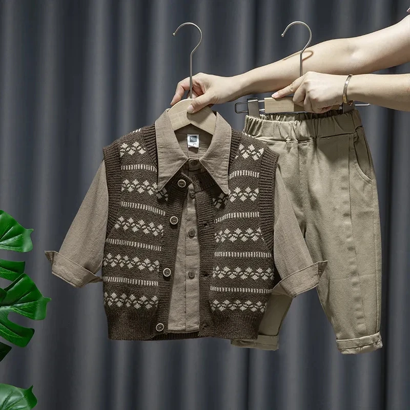 2026 Spring Autumn New Baby Boy Clothing Suit Knitted Sleeveless Sweater Vest + Shirts + Pants Boys Outfit Kids Set 2-7Years