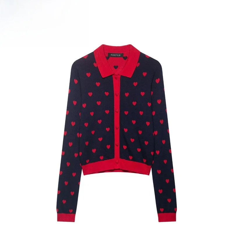 

Модная вязаная верхняя одежда с узором в виде сердечек, женское свободное повседневное пальто из полиэфирного волокна с длинными рукавами, на пуговицах