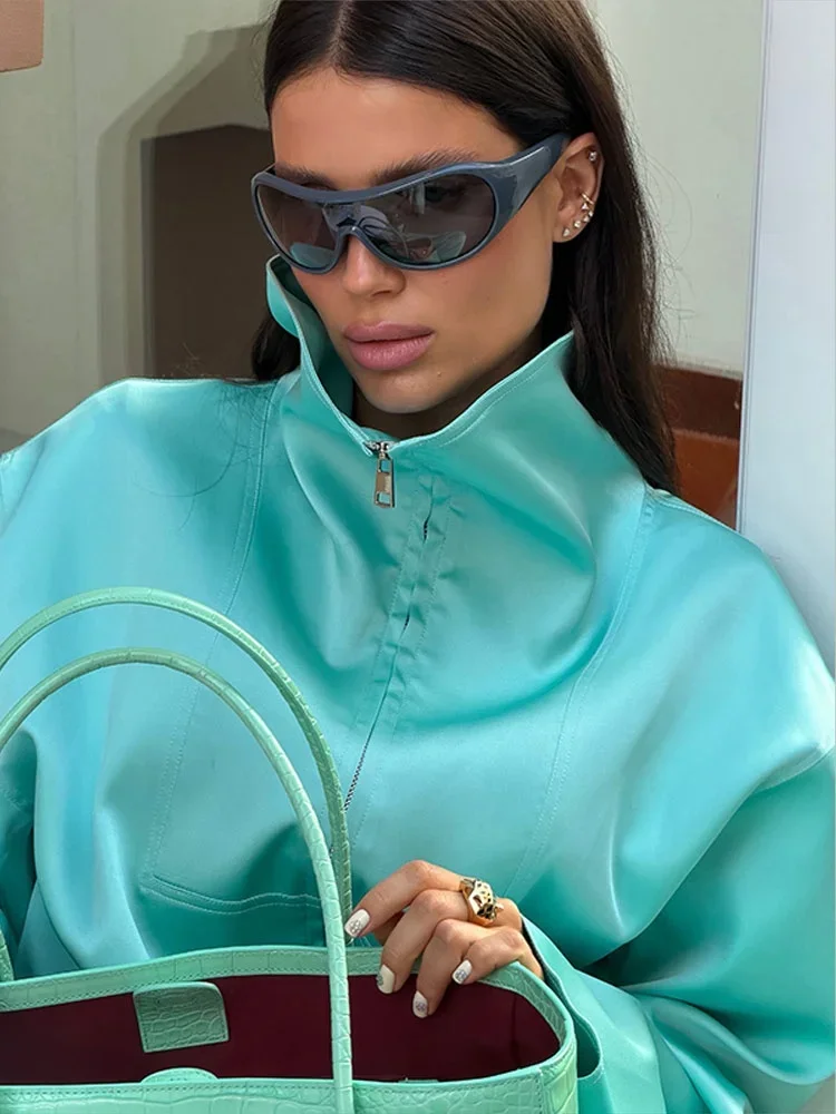 Herbst Damen Mintgrüner Satin 2-Teiliger Anzug Stehkragen Reißverschluss Vorne Lose Langarm-Bluse Weite Hose Urlaubs-Matching-Anzug – Detail 22