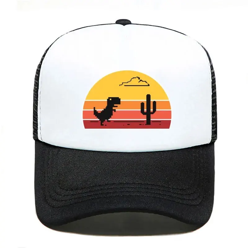 Sunset Offline Dinosaur Unisex Mesh Net Caps Chrome Disconnected Internet Dinosaur Baseball Caps Pixel Cloud Cactus Trucker Hats