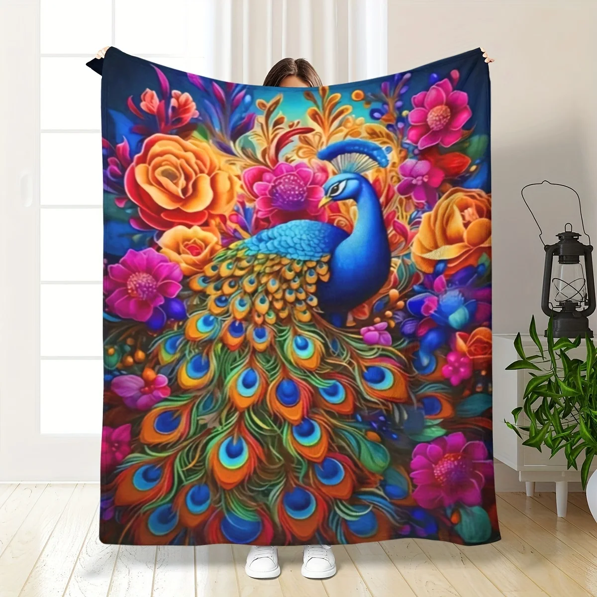 Peacock Stained Glass Throw Blanket Colorful Vibrant Art Exotic Wildlife Decorative Bed Blankets Sofa Couch Quilt Living Room