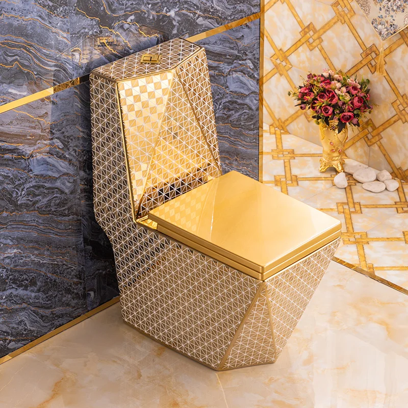 European-Style Household Toilet Golden Toilet Bowl Ceramic Siphon Water-Saving Square Diamond Colored Gold Toilet