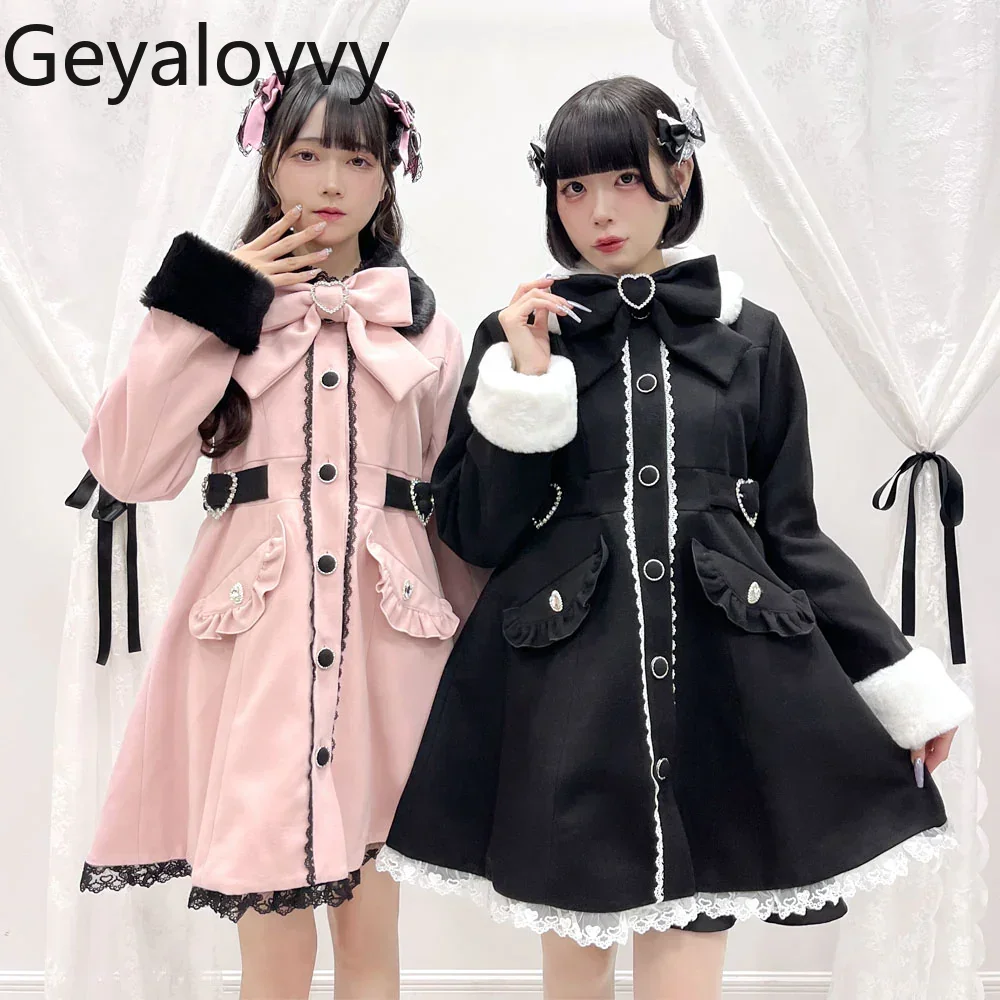 

Japanese Style Winter New Sweet Cute Girls Versatile Woolen Coat High Waist Slim Fit Ruffled Lace Bow Mid-Length Jacket