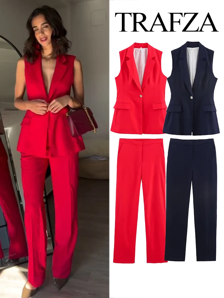 

TRAFZA Women Fashion Lines Blended Lapel One-Button Long Sleeveless Top+High Waist Casual Zipper Side Pocket Straight Pants Suit
