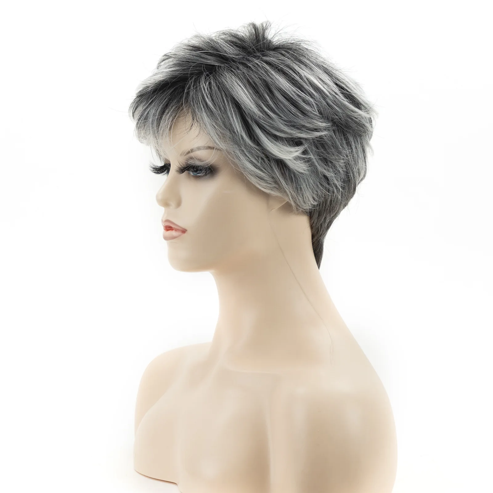 Short Synthetic Fluffy Curly Wigs  Gray White Mixed Wigs Ombre  Natural Fake Hair Wig with Bangs For Woman Daily Wear Wigs