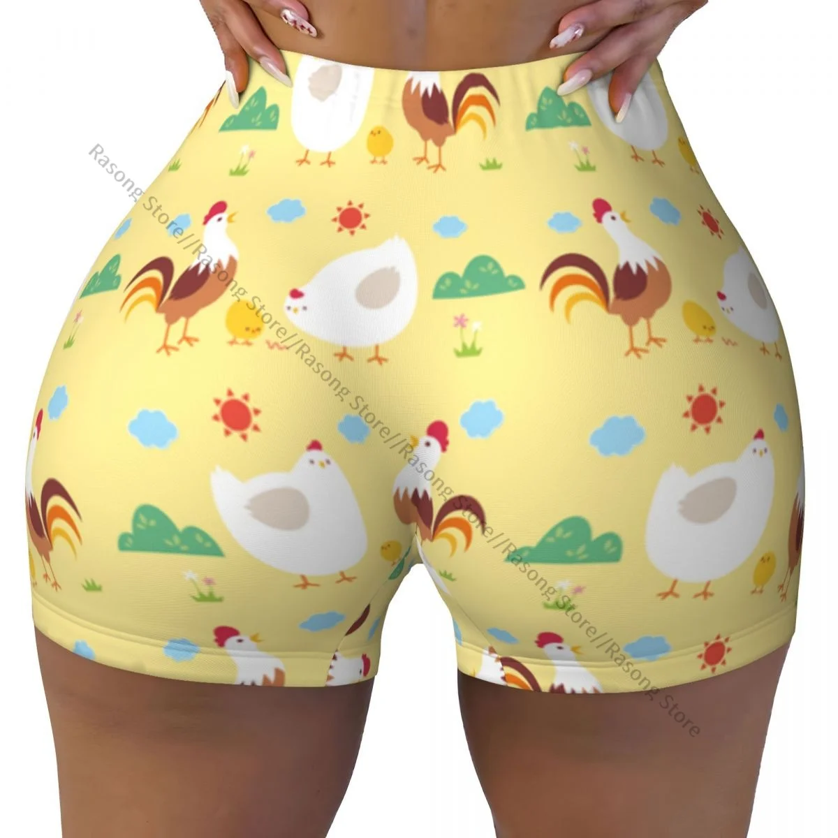 Shorts de ioga feminino desenho animado frango scrunch espólio levantamento de bunda conforto fitness academia