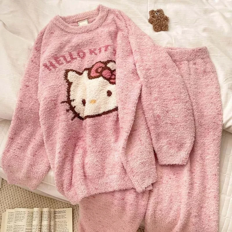 Cute Hello Kittys Coral Fleece Plush Pajamas Set Cartoon Sanrioed Women\'s Autumn Winter Pijama Thicken Flannel Home Clothes Warm