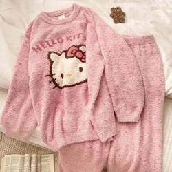 Cute Hello Kittys Coral Fleece Plush Pajamas Set Cartoon Sanrioed Women's Autumn Winter Pijama Thicken Flannel Home Clothes Warm