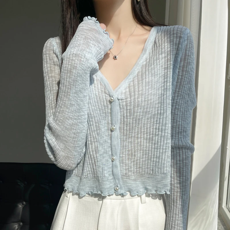 Women New Spring Summer Ice Silk Fabric Sweater V-neck Lace Short Style Cardigan Casual Knitted Soft Slim Sexy Jacket Top