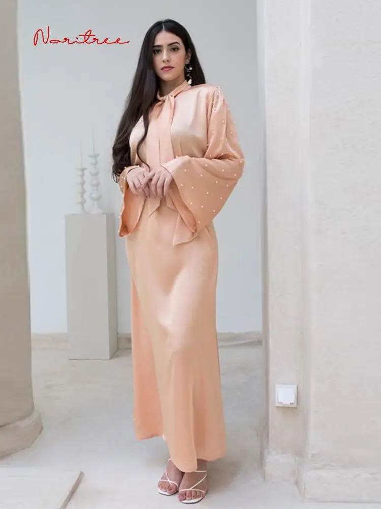 

Fashion Diamond Beading Msulim Dressed Dubai Arabic Muslim Silky Hijab Islam Clothing Satin Dress Women's Vestidos Robe F2721