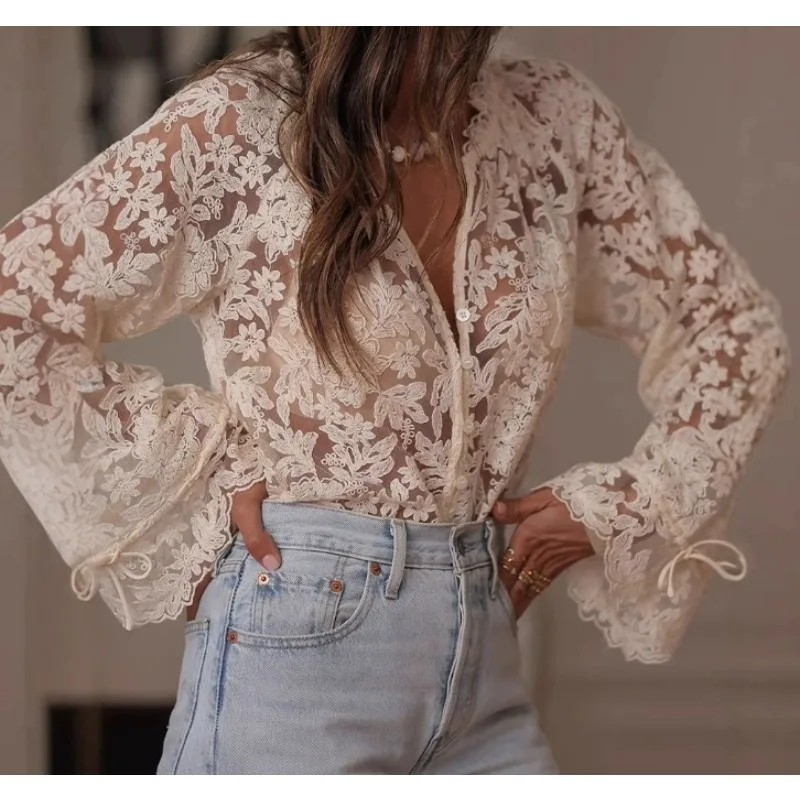 Sexy Spice Girl Openwork Shirt Temperament Elegant Embroidered Bubble Sleeve T-shirt 2025 Spring Fashion Commuter Women's Top