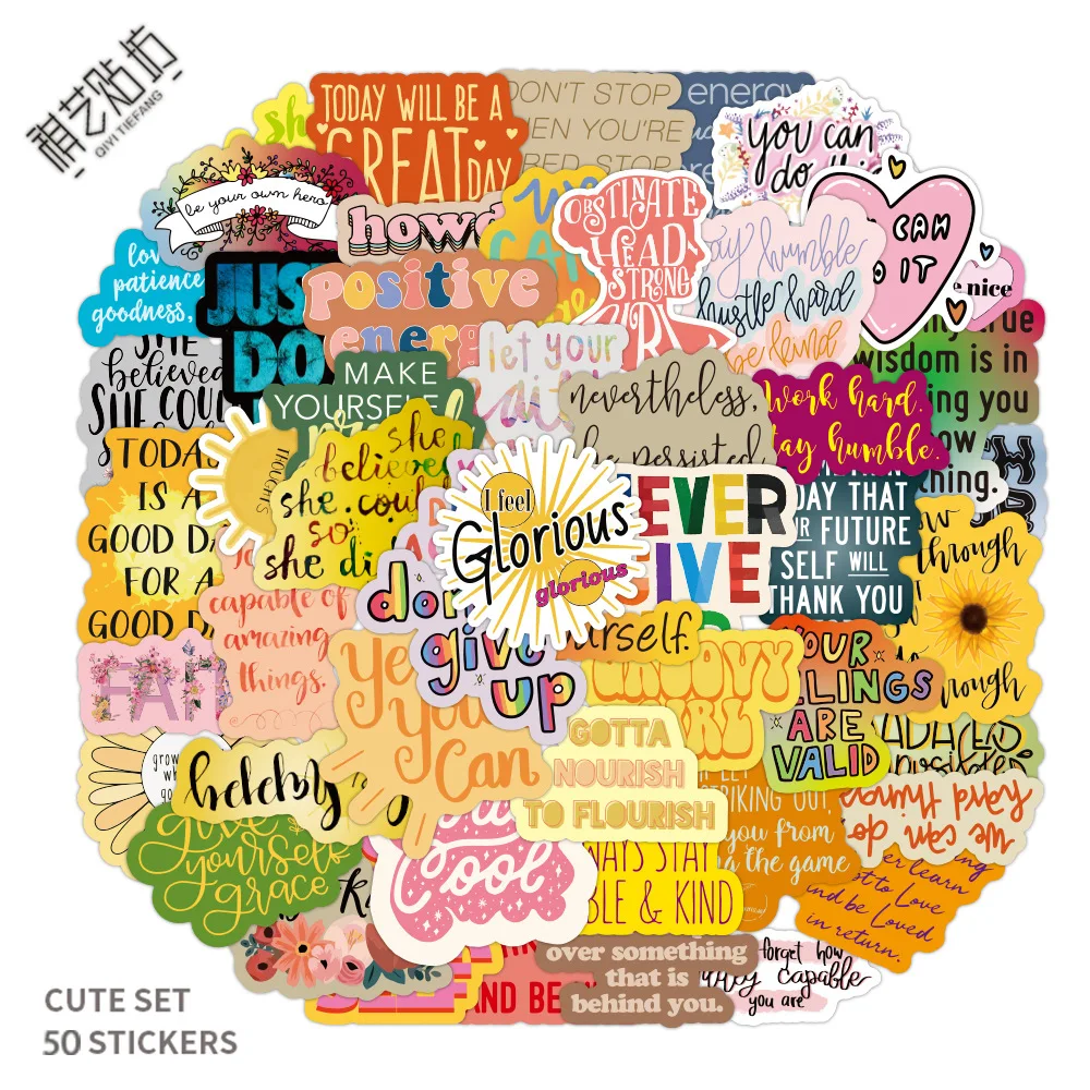 

50 Unique English Motivational Doodle Stickers, Waterproof Decals for Luggage Skateboard Laptop Water Bottle