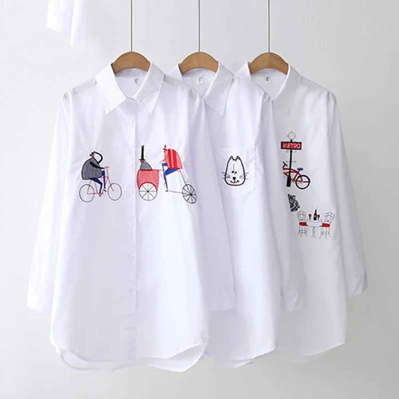 

White Women Shirt Long Sleeve Cotton Blouse Office Lady Elegant Embroidery Casual Tops Turn Down Collar Clothing