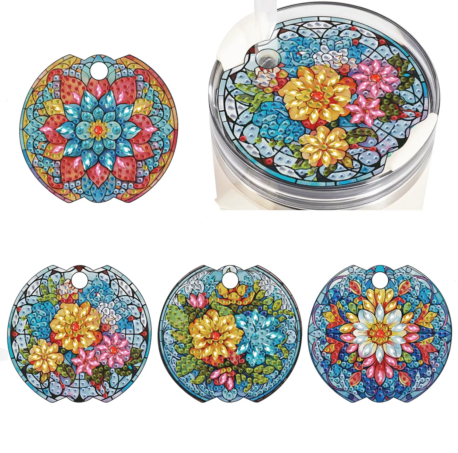 Juego de 4 piezas de decoración para tapas de tazas con diseño de diamantes, parche de tapa de taza con diseño de flor Mandala, juego de manualidades DIY de decoración de 3.54 pulgadas