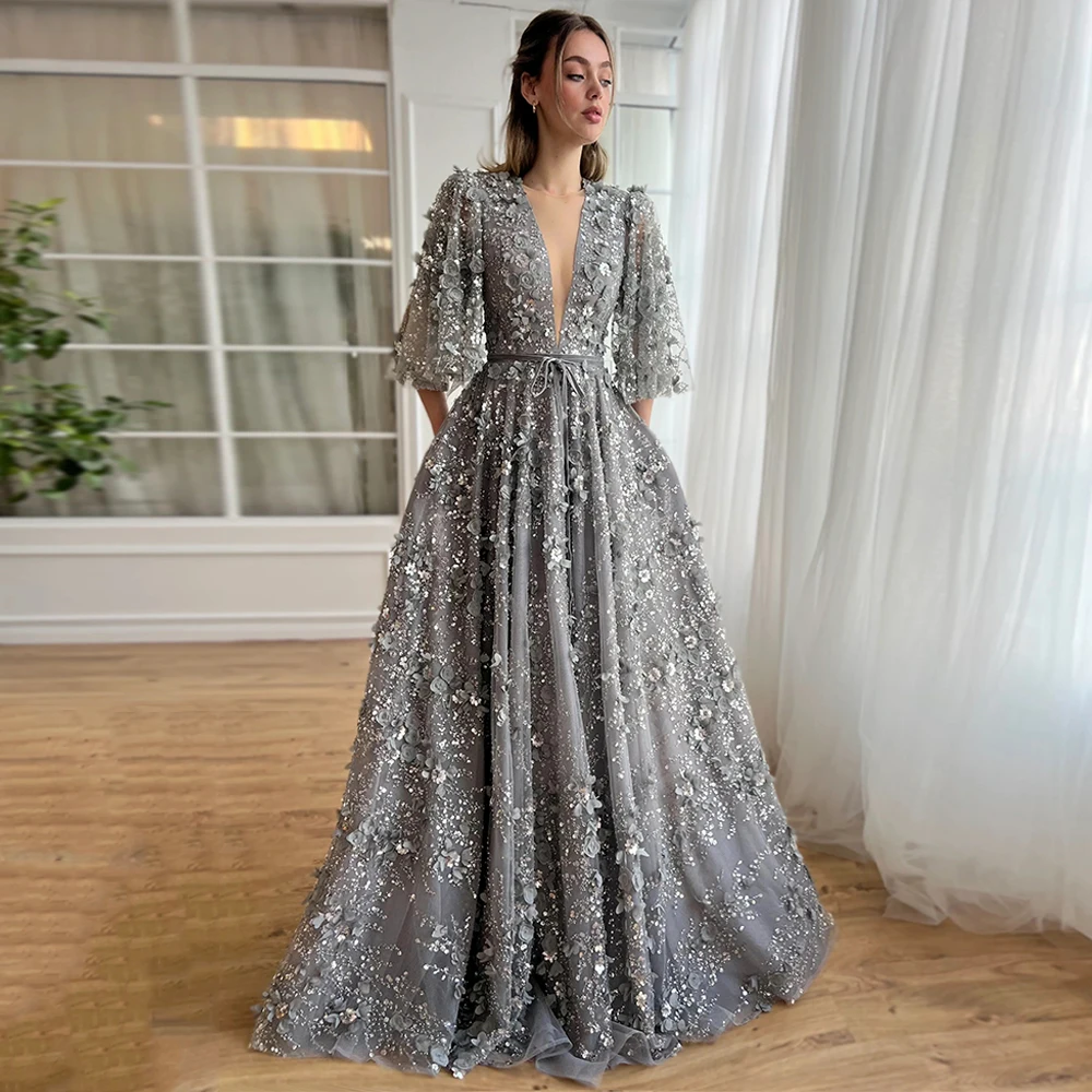 Grey Evening Dress Customized Luxury V Neck Beading Sequined Flower A Line Special Occasion Dresses Shinny Prom Gown for Party