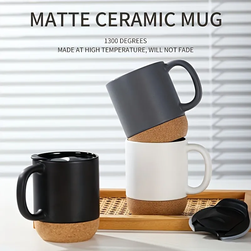 Matte Ceramic Coffee Mug 400ML with Silicone Lid & Cork Base Anti‑slip Heat‑resistant Office Tea Water Cup