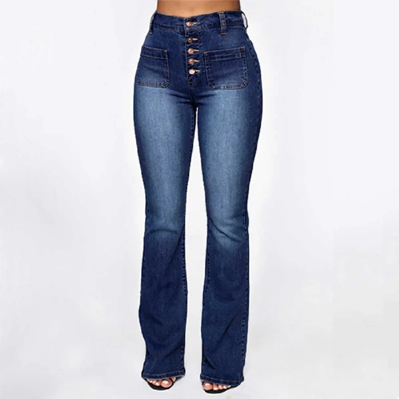 Temperament Slim-fit High-waisted Jeans, Women's New Autumn Fashion Water Washing Slightly Flared Pants, Breasted Long Jeans