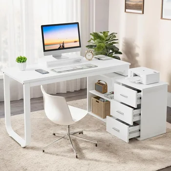 Scrivania bianca con cassetti, scrivania bianca a forma di L da 55 pollici con 3 cassetti, scrivania per computer con supporto per monitor, ufficio domestico bianco robusto