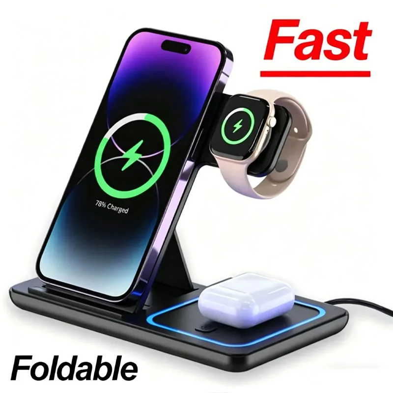 

XIKCU 3 в 1, складная беспроводная зарядная станция 30 Вт для iPhone 17-12 Pro Max iWatch Ultra Airpods Pro, док-станция с быстрой зарядкой и подставкой