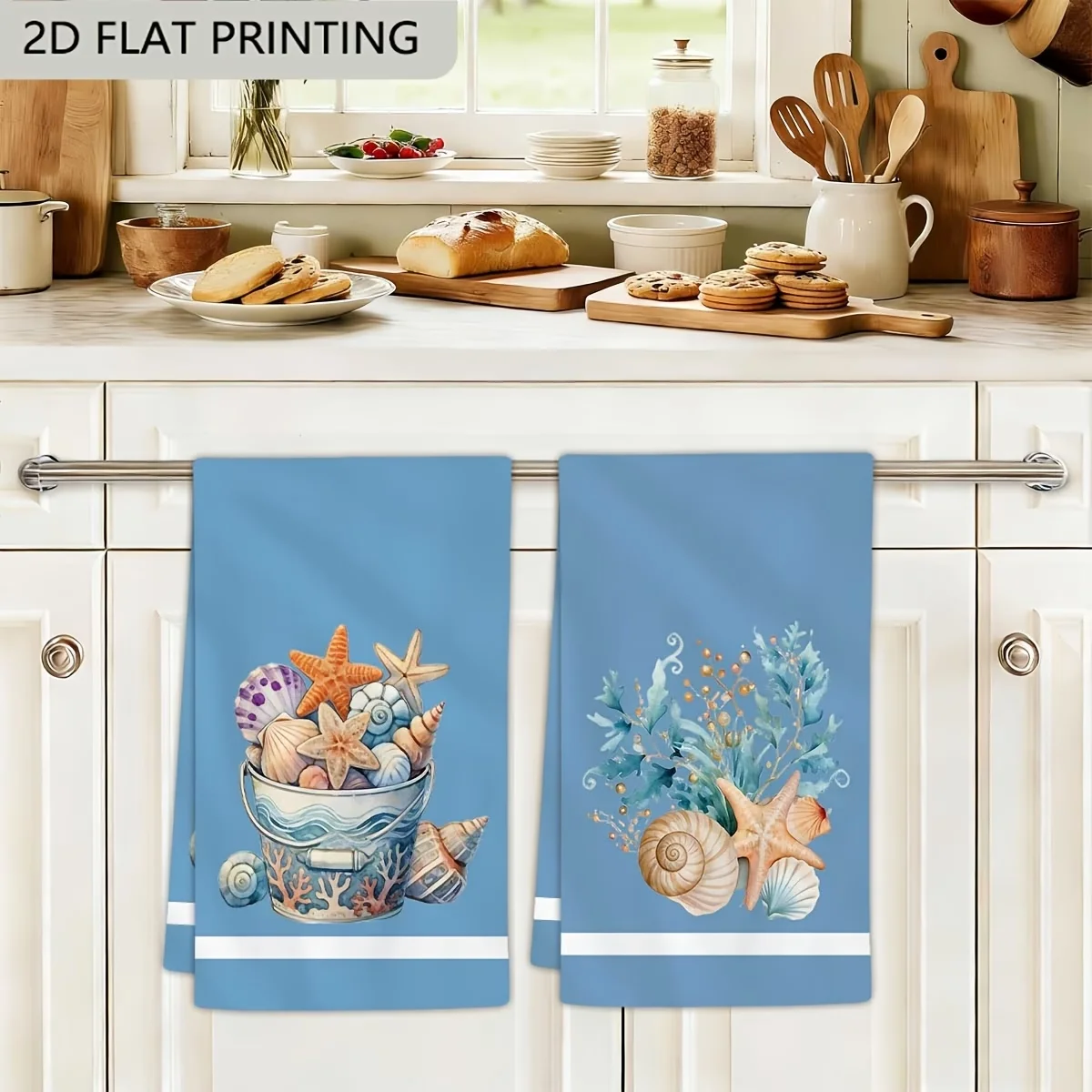 2-Pack Rustic Towels with Starfish and Shell Prints, Dish Towels, Hand Towels, Modern Art Kitchen Decor Towels, Neighbor Gifts, Sweet Housewarming Gifts for Friends, Mom Gifts, Friend Birthday Gifts. Spring and Summer Theme