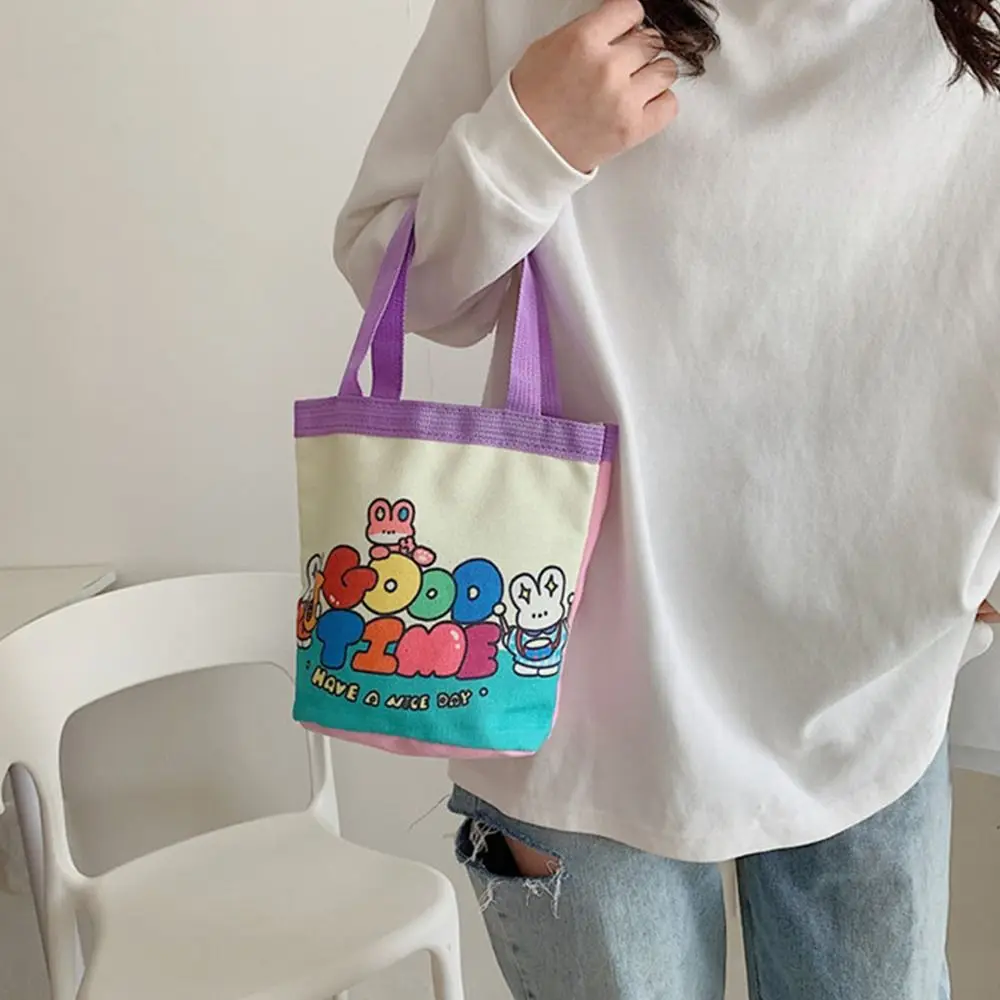 Women Handbag Lovely Cartoon Printed Bucket Bag Portable Cylinder Bag Canvas Tote Bag Students Carry Lunch Bags for Girls