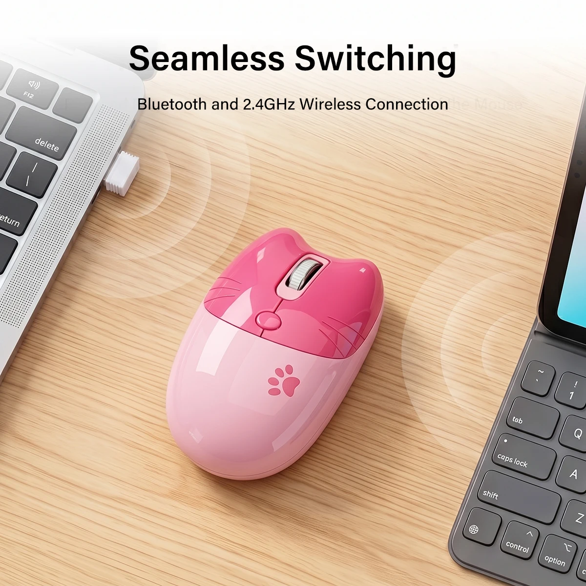 MOFii M3DM Pink Cat Dual Mode Wireless Mouse, 2.4G Bluetooth Dual Connection, Cute Portable 3 DPI Optical Mouse for Office Women