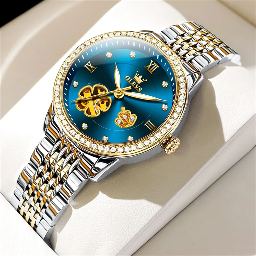 OLEVS Rhinestone Mechanical Automatic Women Watch Top Luxury Brand 33mm Stainless Steel Strap Watch for Ladies Wriswatch