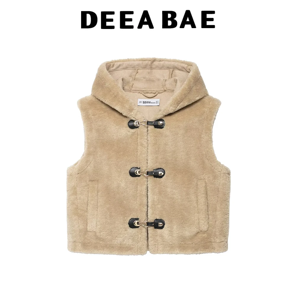 DEEABAE الخريف منتج جديد المرأة قصيرة مقنعين حبل مشبك الديكور الصوف سترة الفراء سترة