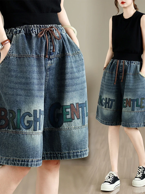 Casual Retro Printed Elastic Waist Five-Point Jeans Women's Jeans Summer Loose Fit Wide Leg Pants Natural Waist Cotton Denim