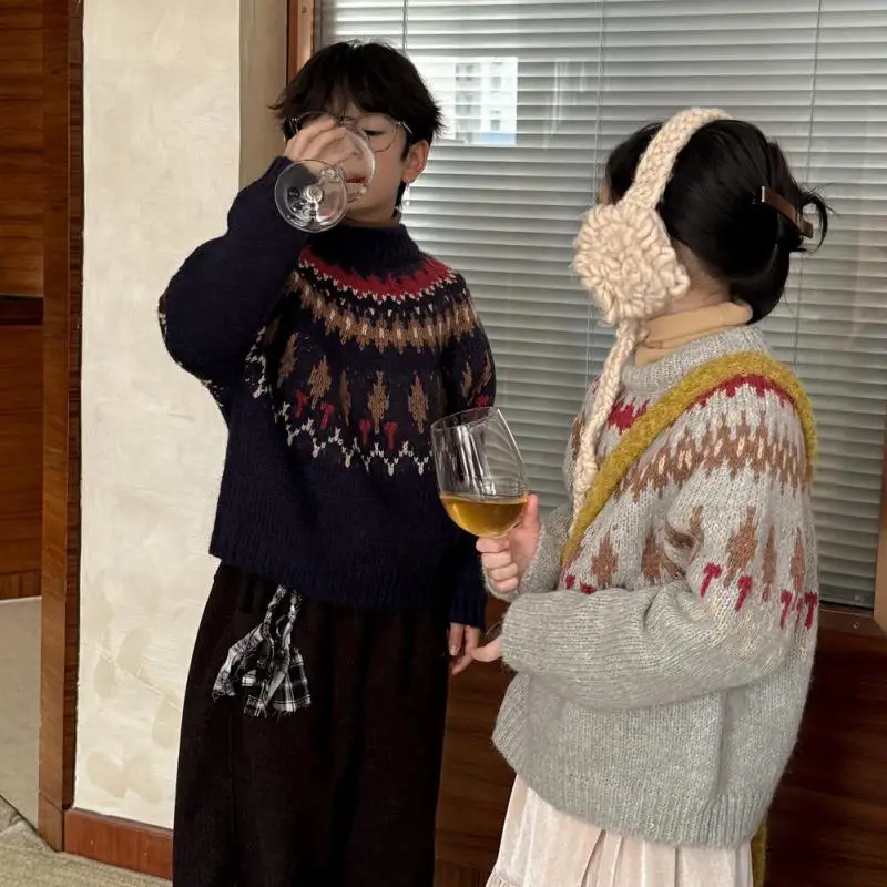 

2025 Winter New Children Long Sleeve Knitted Sweater Girls Thick Fel Island Pullover Boys Casual Knitwear Kids Warm Clothes