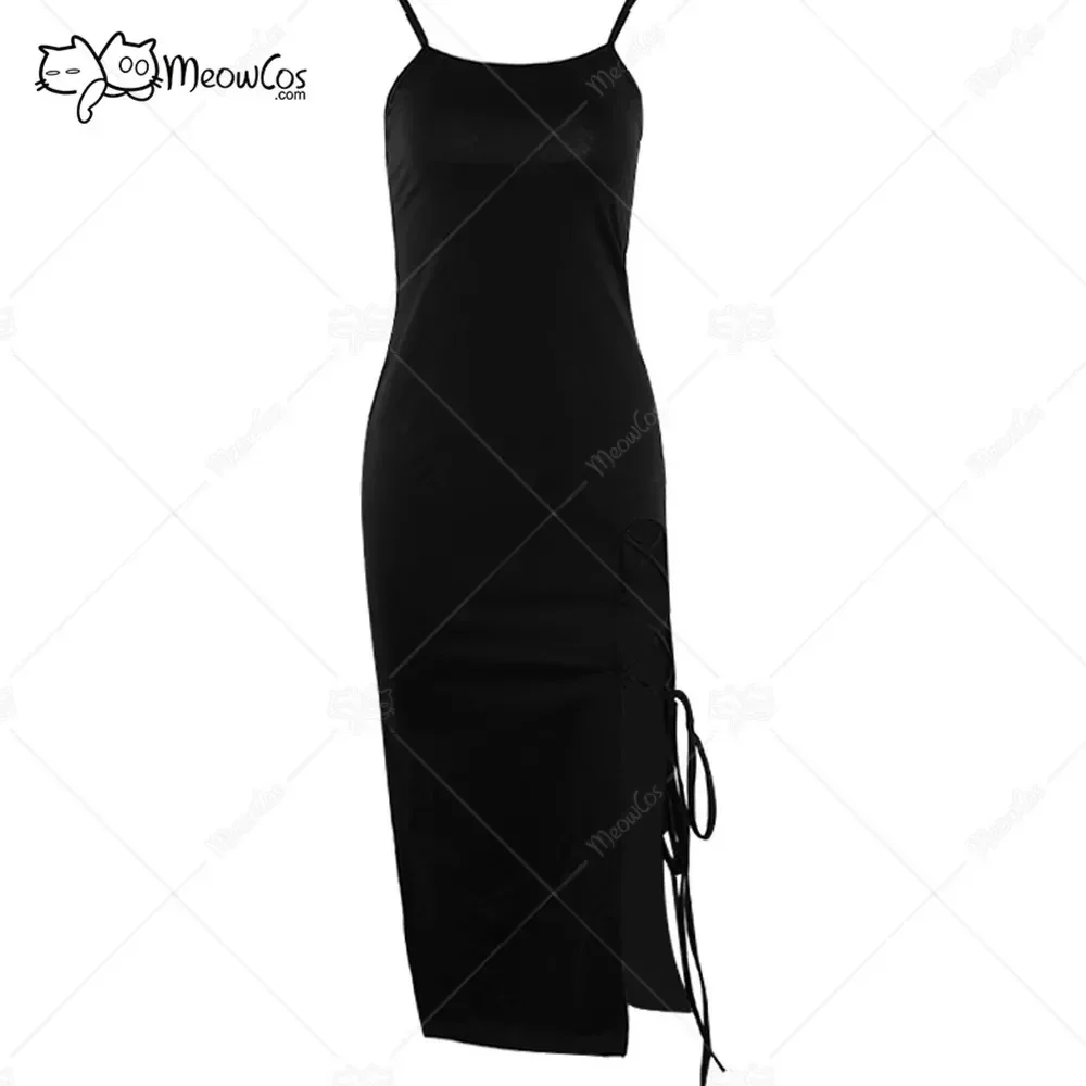 

MEOWCOS Women Sexy Bodycon Black Dress Basic Party Dress Gothic Slip Dress Criss Cross Side Slit Long Dress