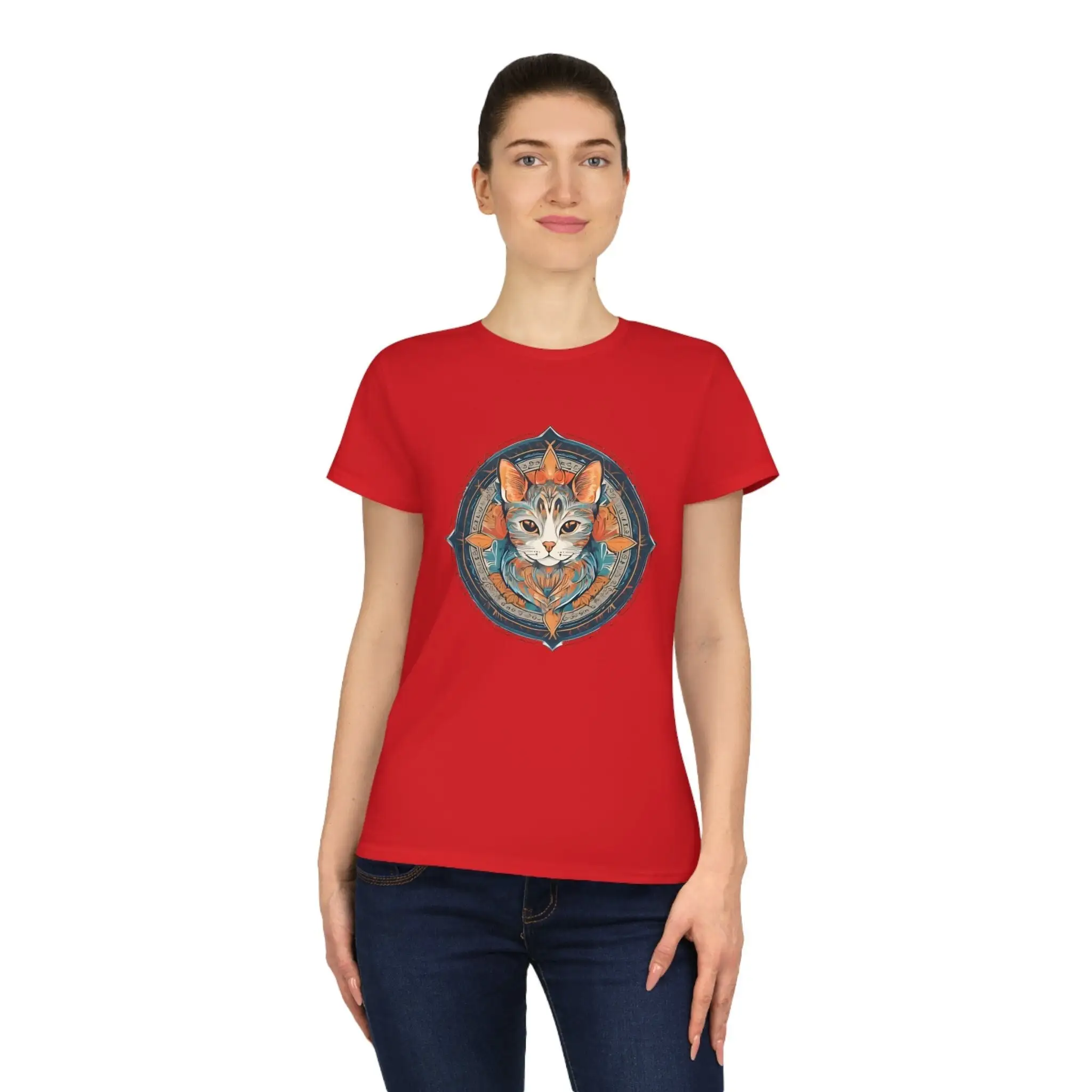 Ladies' Cotton T Shirt Cat Mandala Design Elegant Feline Art Premium Soft Fabric Chic Casual Wear Perfect For All Occasions