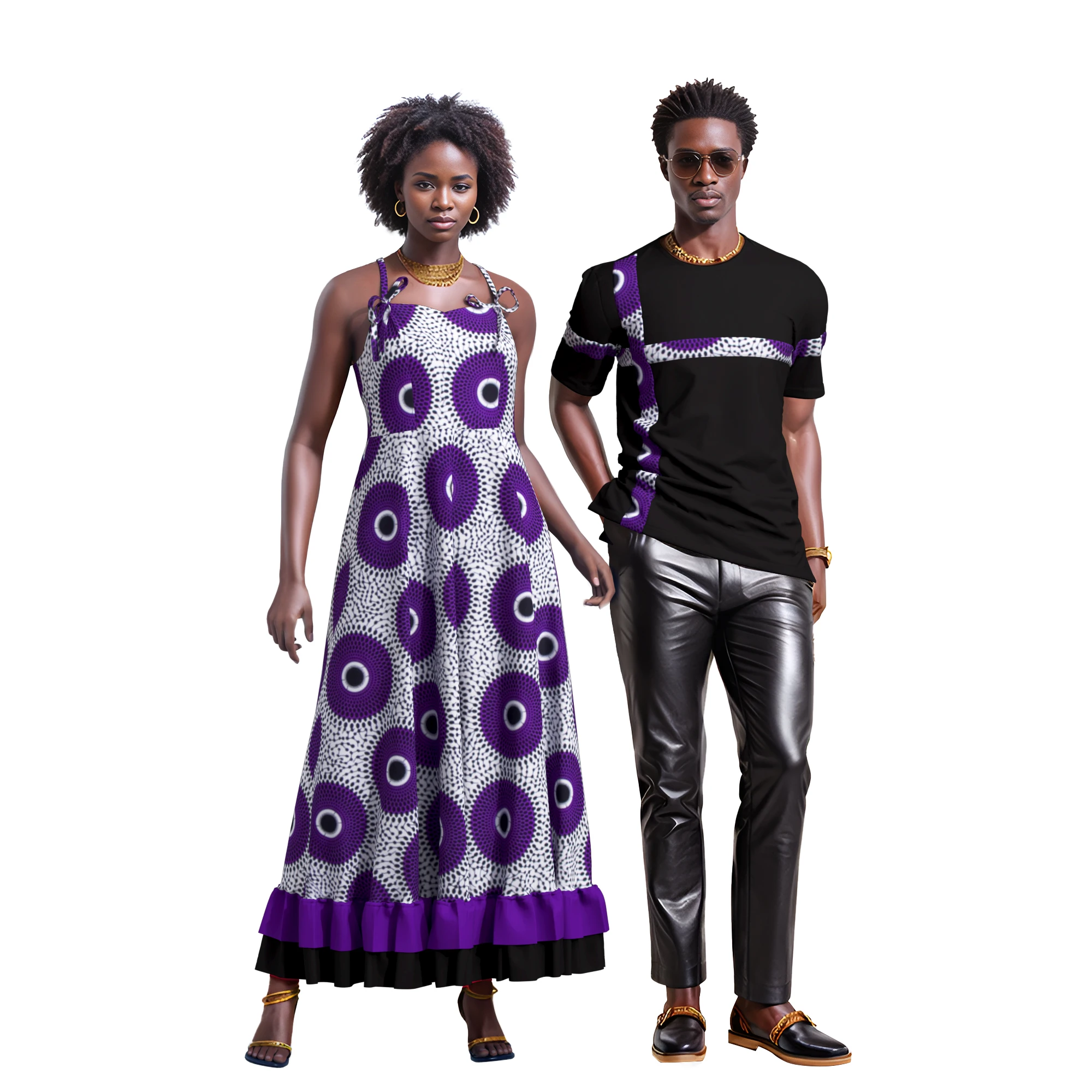 

ORIENTAR African Couples Set Wax Print Color Block Dress and Shirt Afrocentric Batik Matching Outfits for Wedding Party WYQ1103