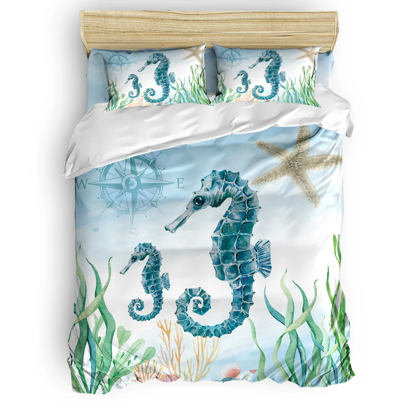 Marine Animal Seahorse Starfish Seaweed Compass Comfortable Household Goods Bedroom Bed Luxury Duvet Cover 2/3/4 Pieces