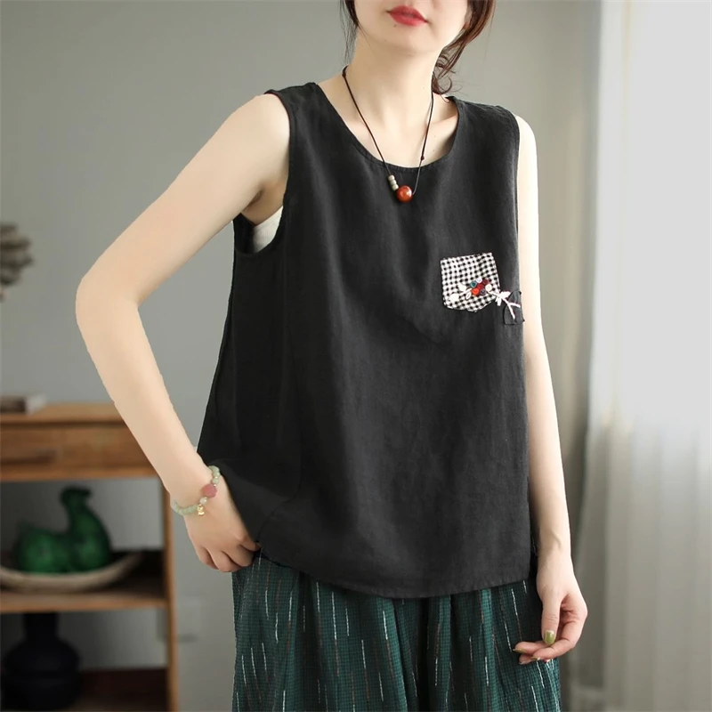 Women Clothing 2024Summer Vintage Simple Patch Loose Cotton Linen Tank Tops Female Casual Solid O Neck Sleeveless Irregular Vest