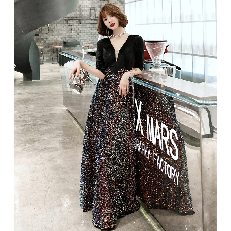 Evening Gown Black Velour Sequines Patchwork V-Neck Evening Dresses Half Sleeve Zipper Plus Size Women Party Formal Dress K324