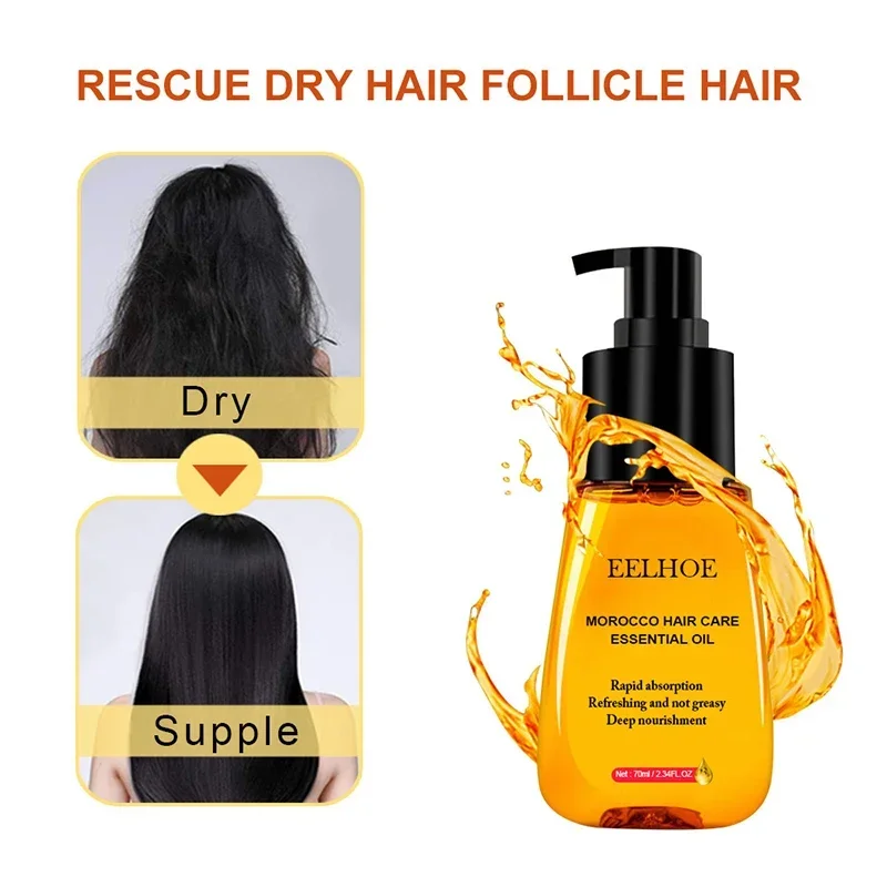 Óleo de Argan Hidratante para Reparação Capilar, Cabelo Danificado, Restaurar, Melhorar Cabelos Divididos, Suavização Áspera, Essência Capilar Macia, Novo, 70ml