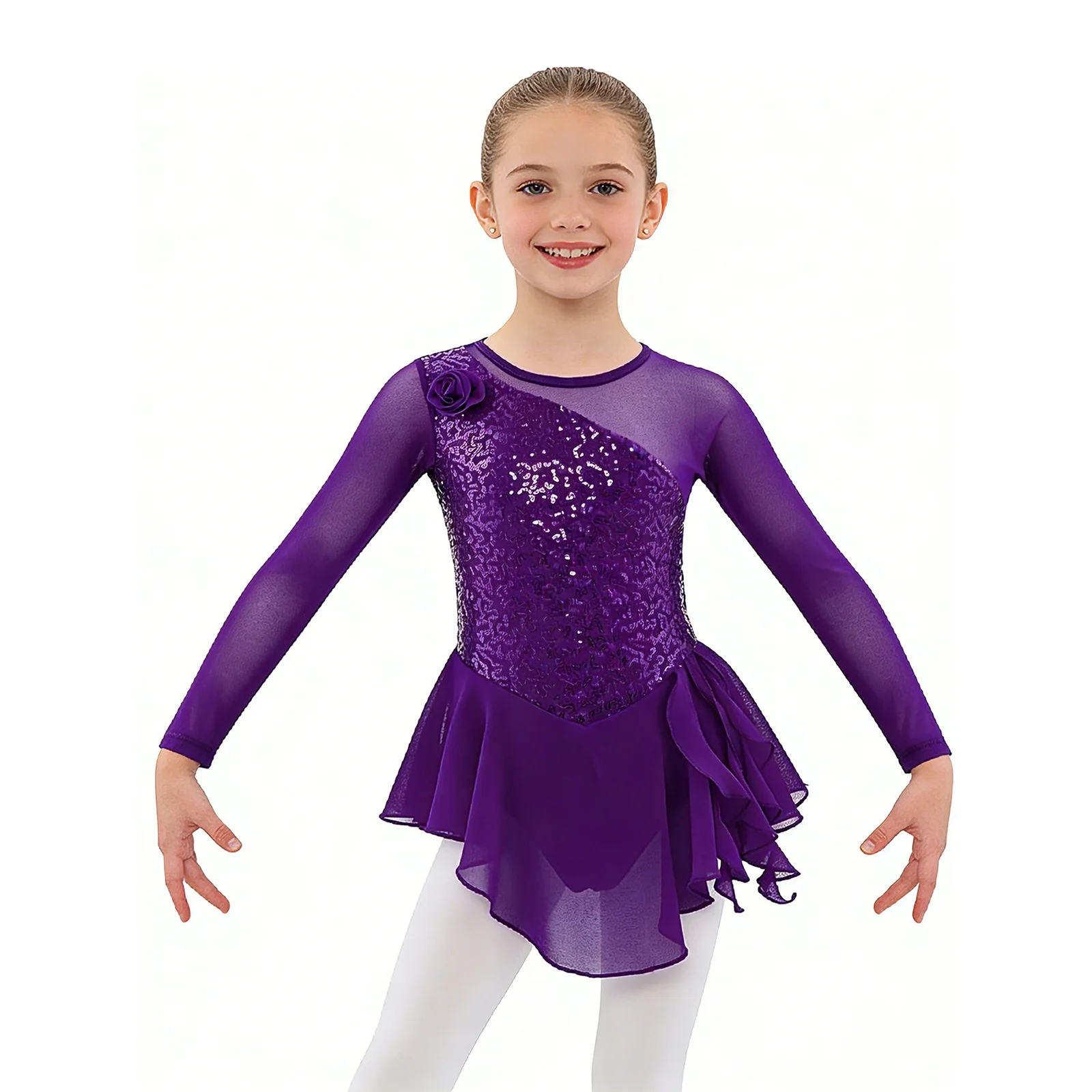 New Kids Girls Shiny Sequin Ballet Jazz Dance Dress Long Sleeve with Flower Figure Skating Performance Party Costumes Dancewear