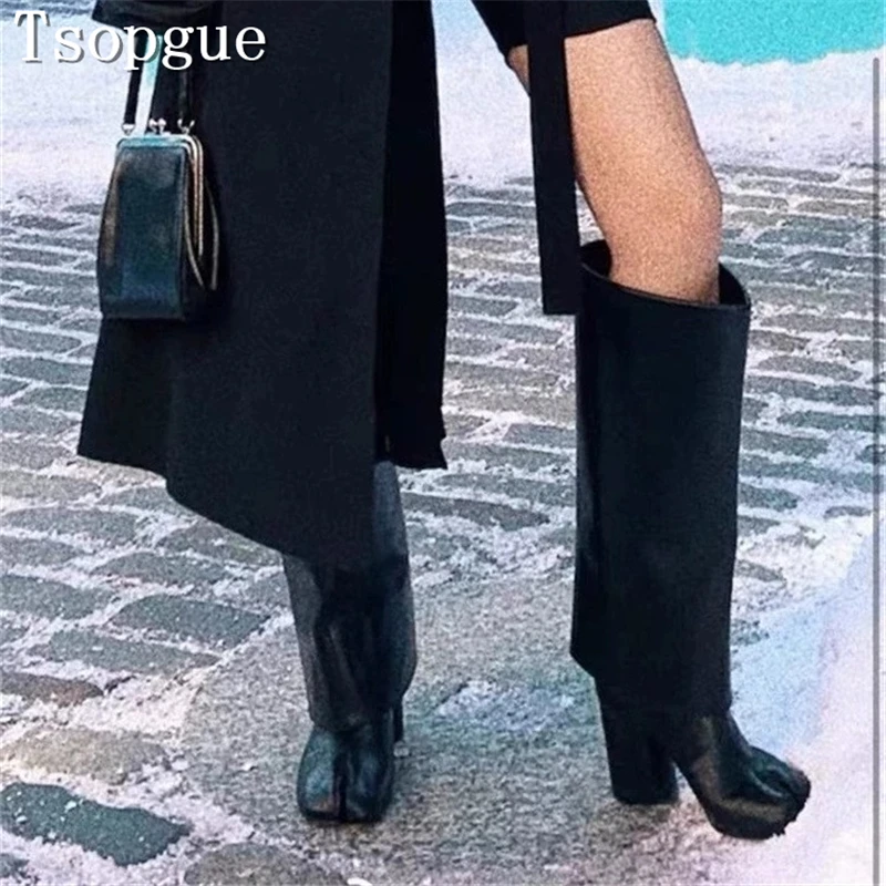 

Luxury Design Split Toe Knee High Boots Women New Black Leather Chunky Round High Heels Winter Warm Long Boots