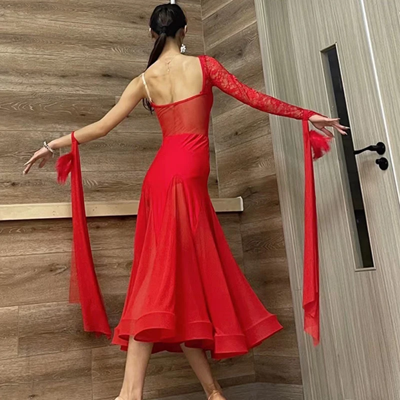 Red Purple Lace One-Sleeved Ballroom Dance Competition Dress Women Waltz Dance Costume Modern Dance Performance Clothes BL9858