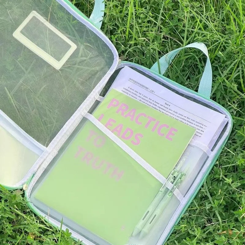 L-Shaped Mesh File Organizer Bag with Zipper Multi-Subject Classification Document Holder Transparent Exam Paper Storage Bag