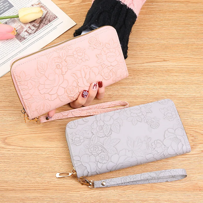 Women's Long Zipper Clutch Bag Oversized Phone Pocket Embossed Design Large Bill Holder Minimalist Wallet Trendy