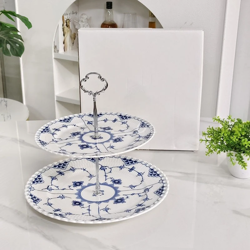 Blue And White Bone China Double-Layer Fruit Platter Light Luxury Ceramic Dessert Stand Business Souvenir Gift Box Set