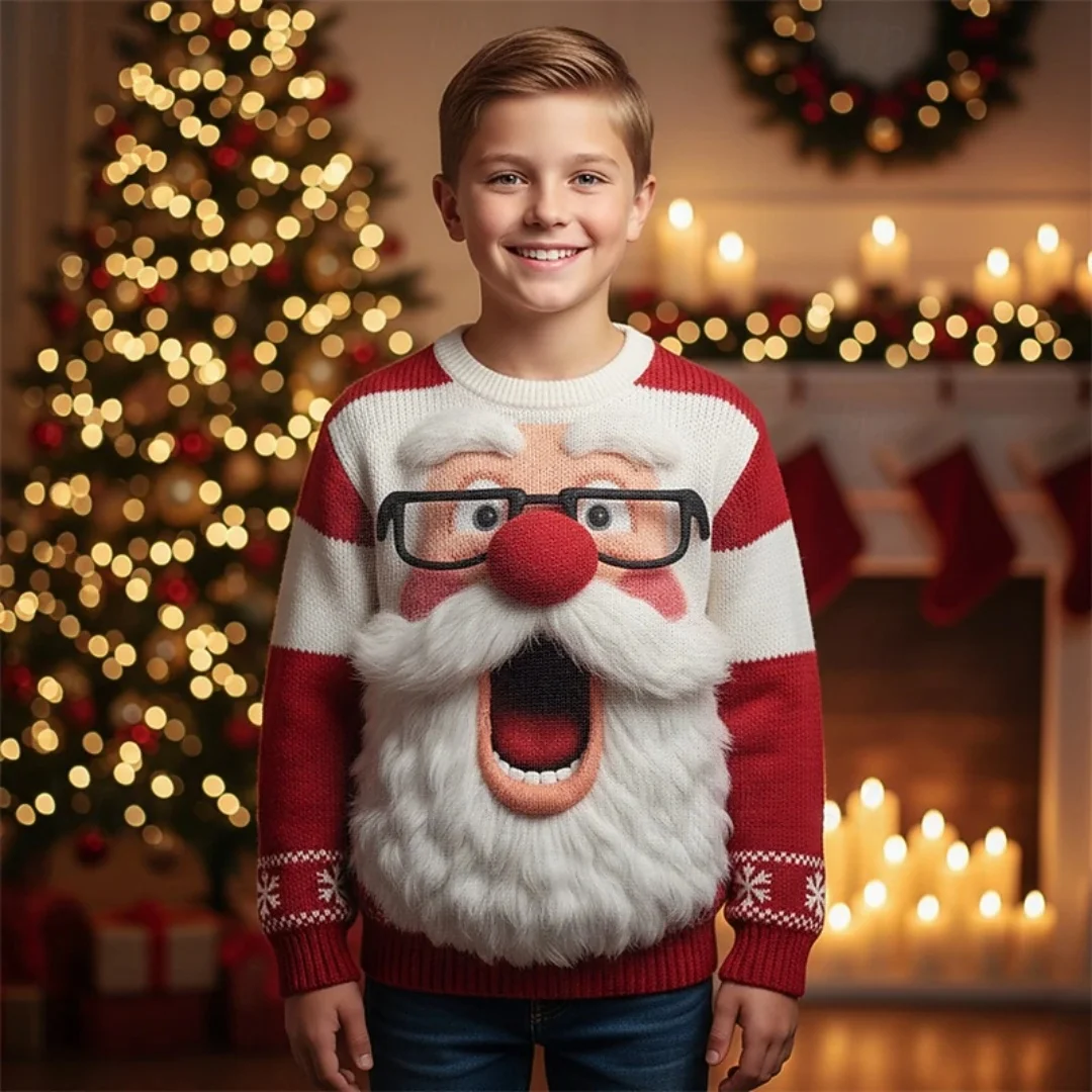 Christmas Boys' 3D Santa Claus Ugly Imitation Sweater Gift Sweater Long Sleeve Fall Winter Fashion Kids 4-12 Years Crew Neck