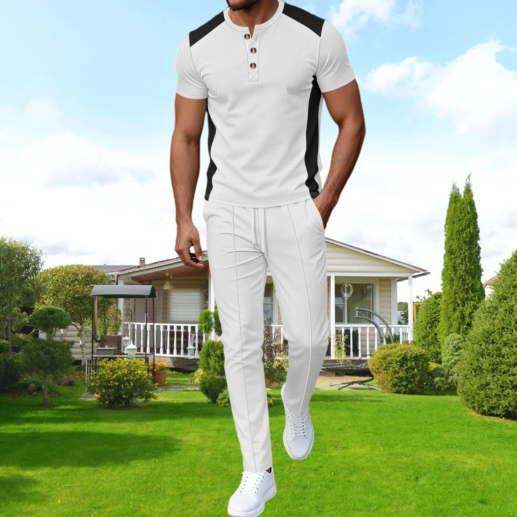 

New men's Henry-style two-piece sportswear (check knit short-sleeved T-shirt + long pants set) for casual business and streetwea