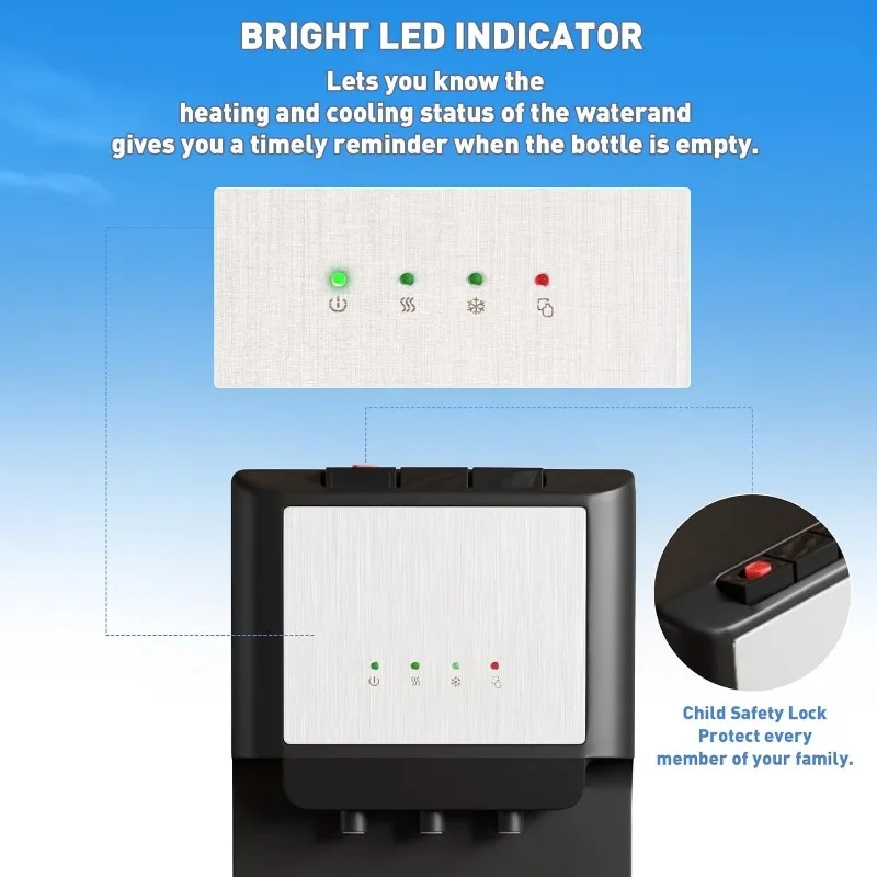 موزع مبرد مياه تحميل سفلي لزجاجات سعة 5 جالون - موزع مياه ساخن وبارد وغرفة مع 3 درجات حرارة، قفل أمان للأطفال