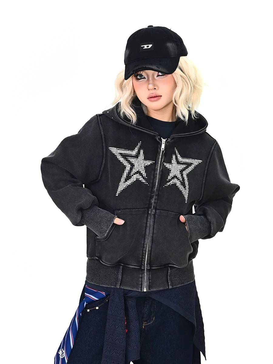 

Женская толстовка с капюшоном, с блестящими звездами, весенняя новинка, свободный крой, в американском университетском стиле, уличная мода, тренд, для сохранения тепла