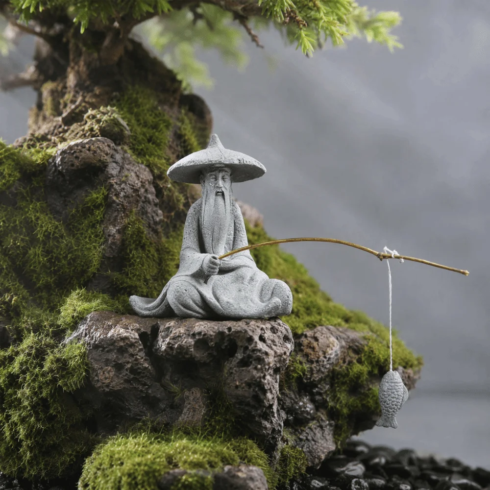 Sandstone Material Mini Fisherman Statue Vintage Style Miniature Size Fish Tank Ornament Aquarium Safe Grey