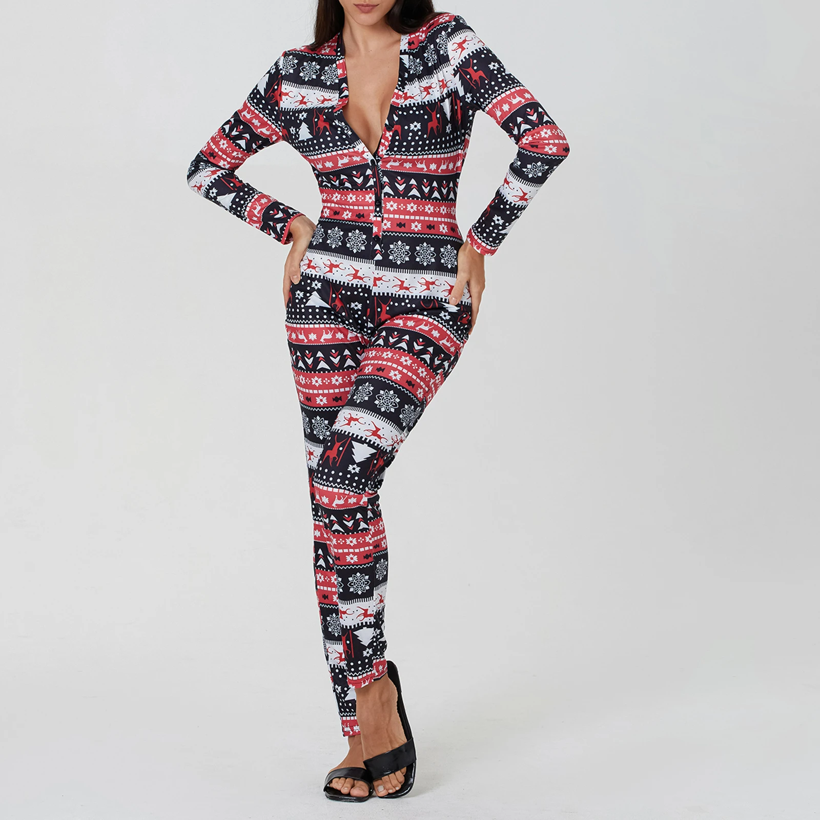 Women Sexy Christmas PJs Long Sleeve Zip Up Red Green Striped Fleece Hooded Jumpsuit Adult  Xmas Pajamas Sleepwear