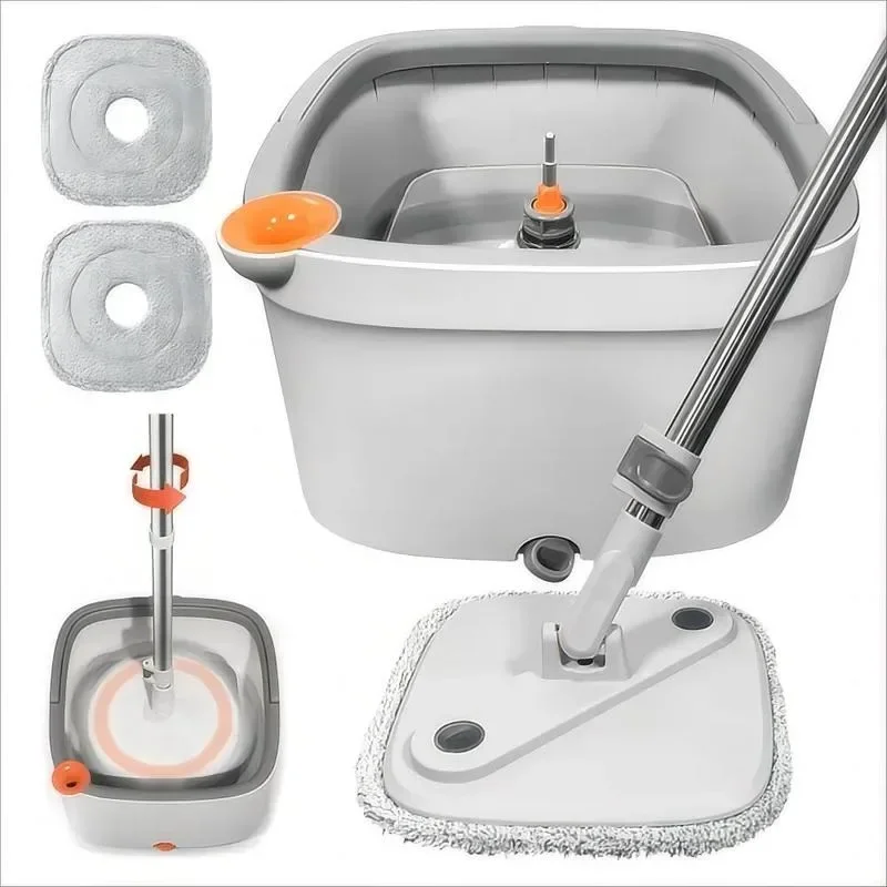 Spin Mop & Bucket System with Mop Cloth Set (1 Set), Dual Compartment Mop Bucket with 2 Washable Microfiber Pads, Light Househol